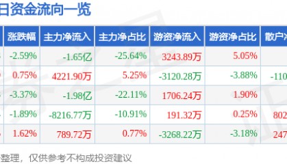 天源迪科（300047）8月1日主力资金净卖出1.65亿元