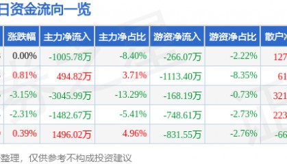 股票行情快报：华电能源（600726）5月19日主力资金净卖出1005.78万元