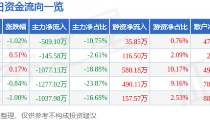 股票行情快报：*ST仁东（002647）7月28日主力资金净卖出509.10万元