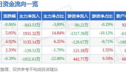 股票行情快报：*ST仁东（002647）6月12日主力资金净卖出843.53万元