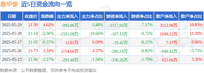 股票行情快报：易华录（300212）5月29日主力资金净卖出995.06万元