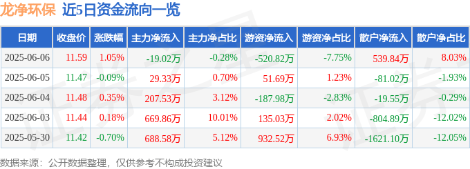股票行情快报：龙净环保（600388）6月6日主力资金净卖出19.02万元